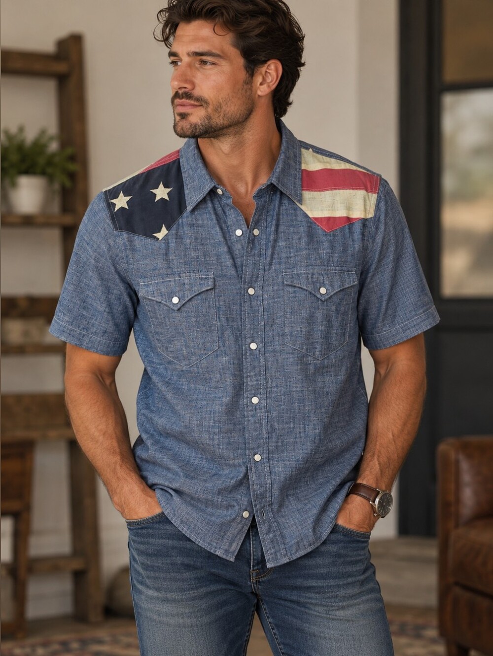 Ralph Laurn Denim & Supply Patriotic America Snap Button Shirt Size Medium